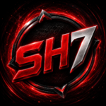 SH7 gaming logo with red neon glow and metallic silver design on a dark circular background